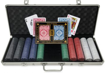 Kem Poker Chip Set: 500 11.5 Gram Card Suit Chips, Red and Blue Kem Arrow Decks in Aluminum Case